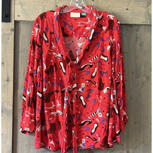 Maeve Anthropologie Women's Top Red Shoes Novelty Print Neck Tie Preppy Size 18W